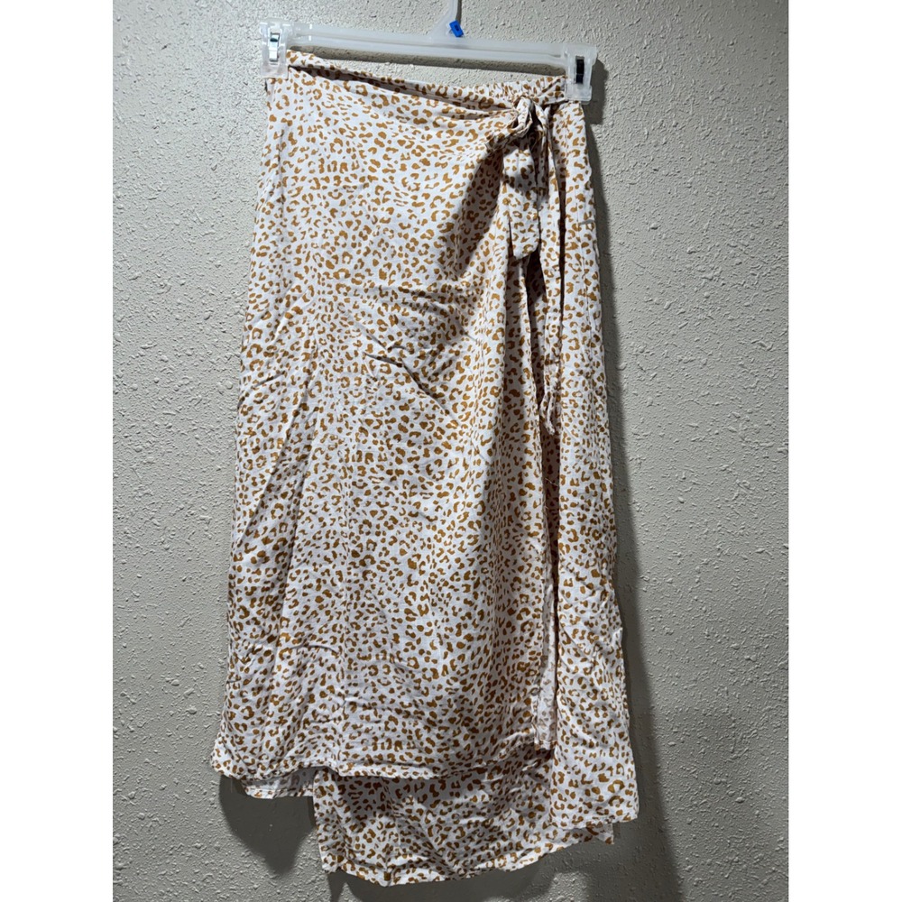Urban Romantics Leopard Print Linen Blend Wrap Midi Skirt Mustard White Medium